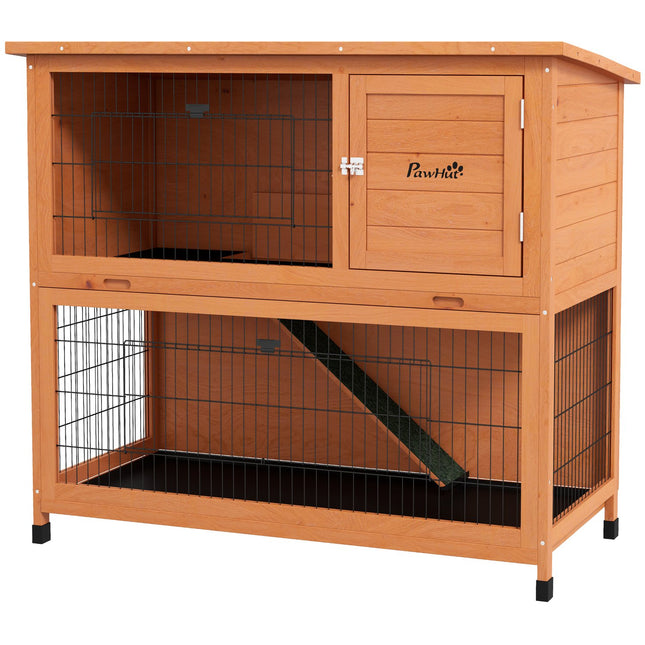 Clapier en bois pour lapins, clapier à 2 niveaux pour petits animaux, cage pour petits animaux avec palettes, rampe et enclos extérieur, toit en asphalte pour 2 lapins, orange