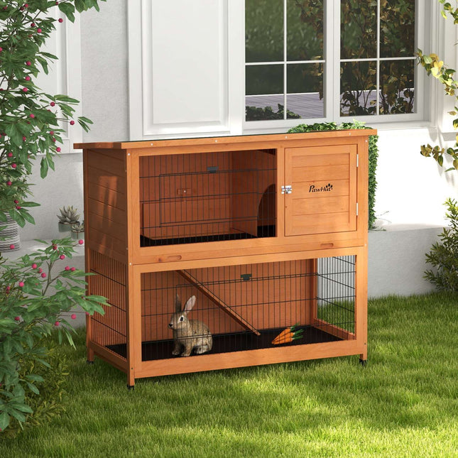 Clapier en bois pour lapins, clapier à 2 niveaux pour petits animaux, cage pour petits animaux avec palettes, rampe et enclos extérieur, toit en asphalte pour 2 lapins, orange