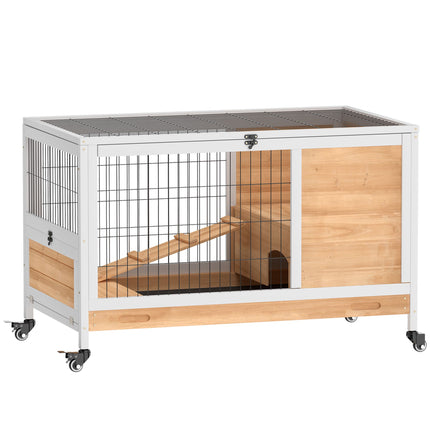 Wooden Rabbit Hutch with Wheels, 2 Levels, Yellow/White