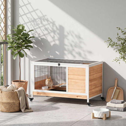 Wooden Rabbit Hutch with Wheels, 2 Levels, Yellow/White