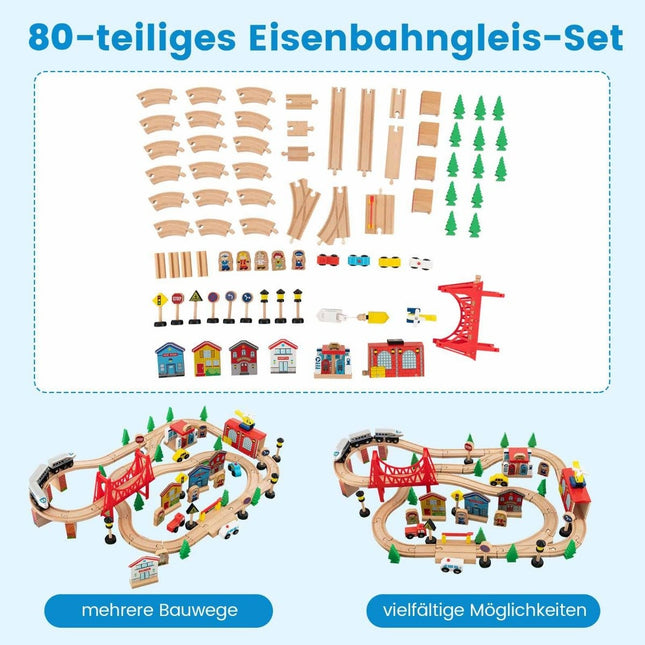 Wooden Railway Table 80-Piece Playset with Reversible & Removable Table Top 82.5 x 60 x 40 cm Multicolored