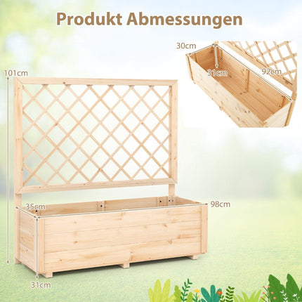 Wooden Raised Garden Bed with Trellis, Drainage, 98x35x101 cm