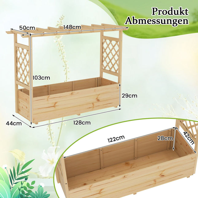 Wooden Raised Garden Bed with Trellis and Drainage, 150x50x104 cm