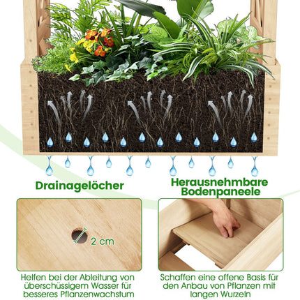 Hölzernes Hochbeet mit Spalier und Ablauflöchern