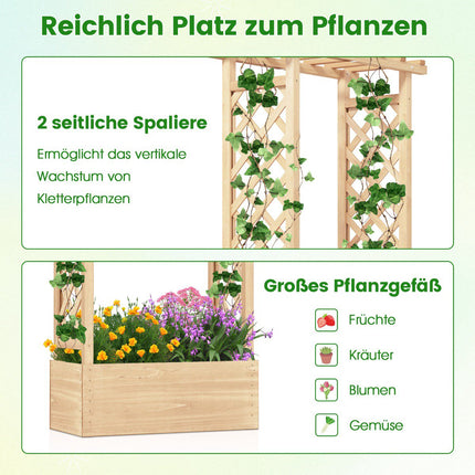 Hölzernes Hochbeet mit Spalier und Ablauflöchern