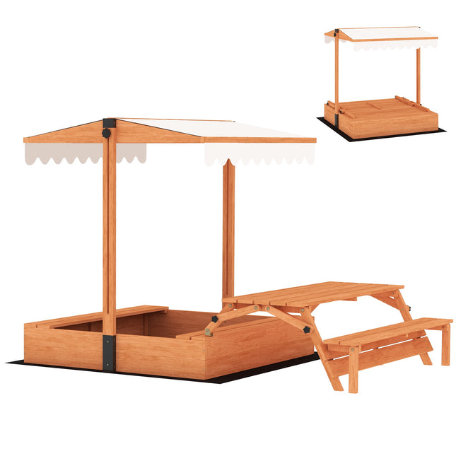 Holzsandkasten mit verstellbarem Dach und Picknicktisch
