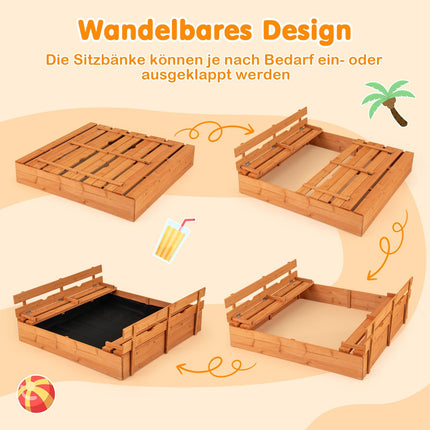 Holzsandkasten mit Sitzbänken, Deckel & Unterlage, 120x120 cm