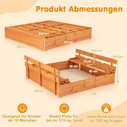 Holzsandkasten mit Sitzbänken, Deckel & Unterlage, 120x120 cm