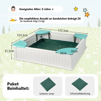 Holzsandkasten mit Abdeckung und Sitzen, 123,5 cm, Weiß
