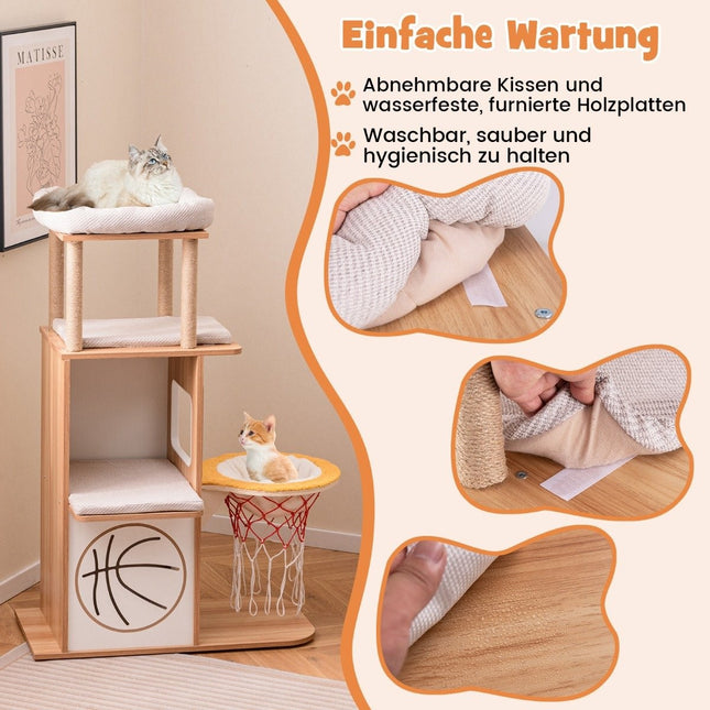 Kratzbaum aus Holz, 120 cm, Sportthema, Kletterturm mit 2-stöckigem Katzenhaus, Natur