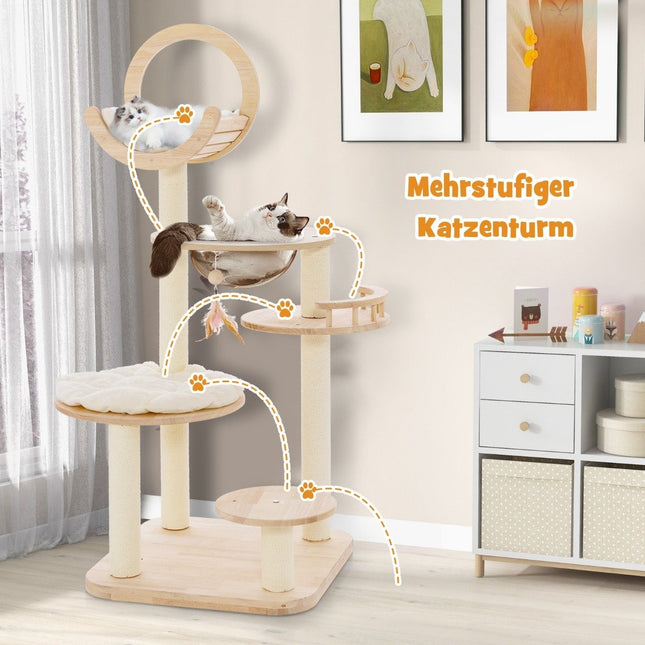 Kratzbaum aus Holz, 4 DIY-Formen, Katzenbaum mit Plattformen &amp; Raumkapsel &amp; Sisalstämmen, 60 x 60 x 146 cm, Eichenholz, Beige