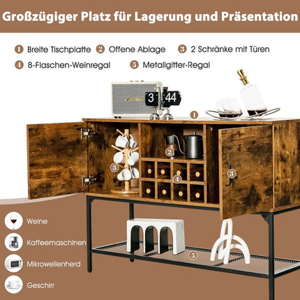 Buffet en bois avec casier à vin et portes, meuble de cuisine 120 x 40 x 85 cm, brun rustique