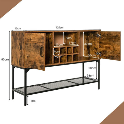 Buffet en bois avec casier à vin et portes, meuble de cuisine 120 x 40 x 85 cm, brun rustique