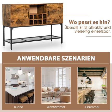 Buffet en bois avec casier à vin et portes, meuble de cuisine 120 x 40 x 85 cm, brun rustique