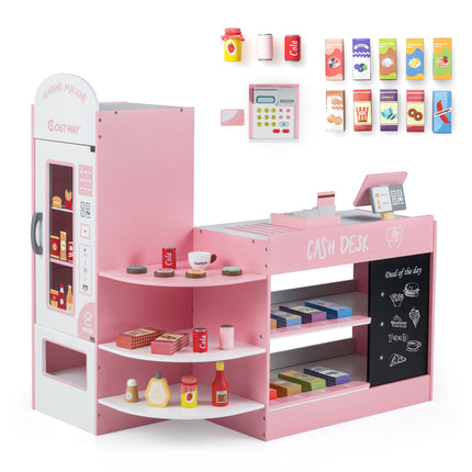 Hölzerner Supermarkt-Spielset, Registrierkasse, Verkaufsautomat, Rosa