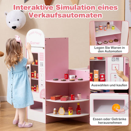 Hölzerner Supermarkt-Spielset, Registrierkasse, Verkaufsautomat, Rosa