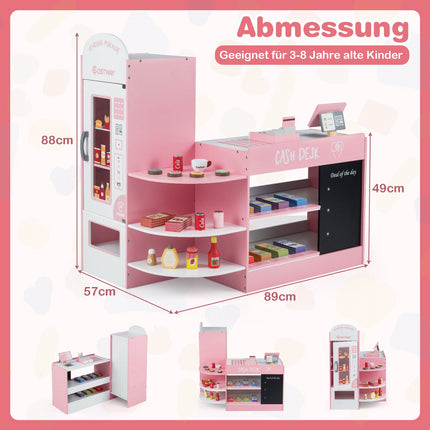 Hölzerner Supermarkt-Spielset, Registrierkasse, Verkaufsautomat, Rosa