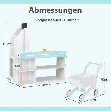 Hölzernes Supermarkt-Spielset mit Einkaufswagen & Kreidetafel