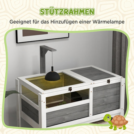 Wooden Tortoise House with Shelf and Lamp Holder, Acrylic Windows, Light Grey