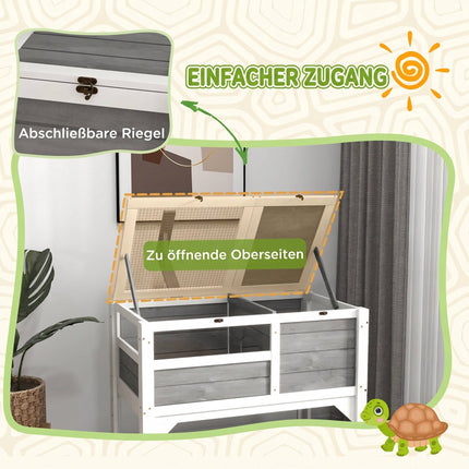 Wooden Tortoise House with Shelf and Lamp Holder, Acrylic Windows, Light Grey