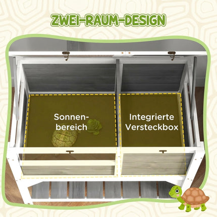Wooden Tortoise House with Shelf and Lamp Holder, Acrylic Windows, Light Grey