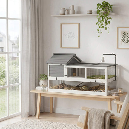 Wooden Tortoise House with Two Levels and Lamp Holder