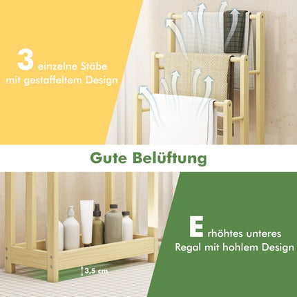 Wooden Towel Rack with 3 Bars and Shelf, Anti-Tip Design
