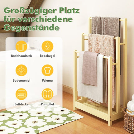 Wooden Towel Rack with 3 Bars and Shelf, Anti-Tip Design