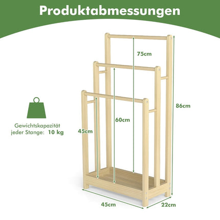 Wooden Towel Rack with 3 Bars and Shelf, Anti-Tip Design