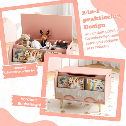 Wooden Toy Box with Front Bookshelf & Lid – Pink