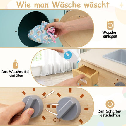 Holzspielzeug-Waschmaschine mit Waschmittel, Spüle und Zubehör