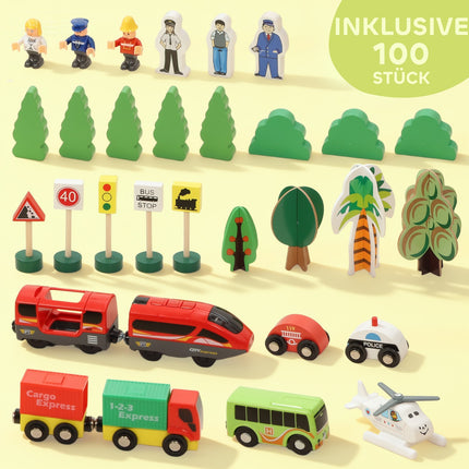 Wooden Train Set, 100 Pieces, Magnetic Crane, Beech Wood
