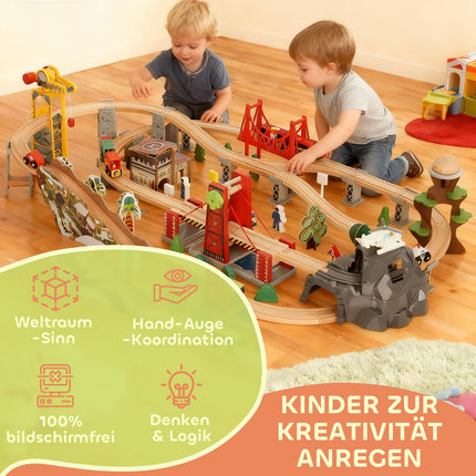 Wooden Train Set, 100 Pieces, Magnetic Crane, Beech Wood