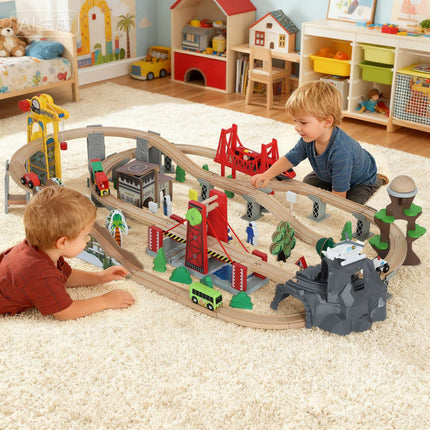 Wooden Train Set, 100 Pieces, Magnetic Crane, Beech Wood