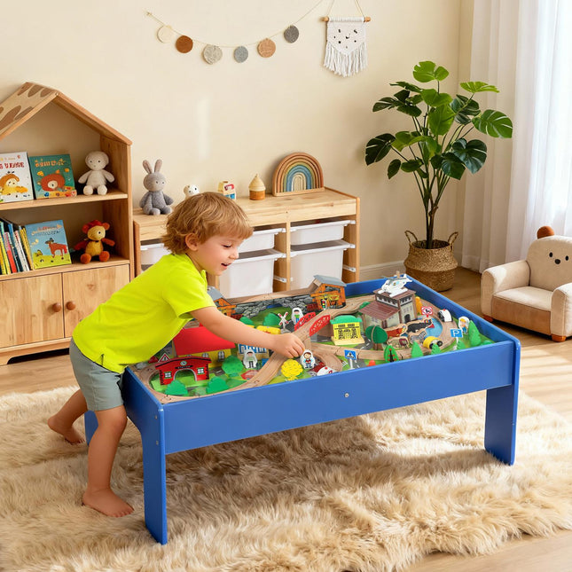 Eisenbahn-Spieltisch aus Holz, 108 Teile, abnehmbare Platte, 98x60,5x40 cm