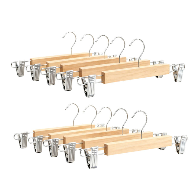 Wooden Trouser Hangers, 10-Pack, Swivel Hook, Adjustable Clips