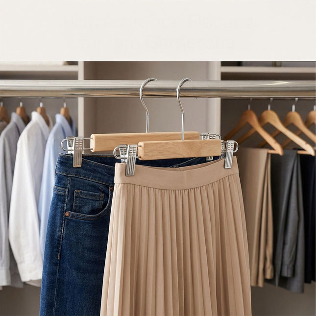 Wooden Trouser Hangers, 10-Pack, Swivel Hook, Adjustable Clips