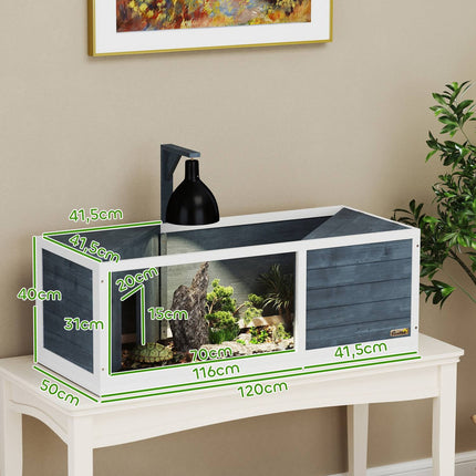 Houten schildpaddenhuis, schildpadverblijf met twee hoofdhuizen, scharnierend bovenblad, lichtstatief, transparant voorpaneel, 120 x 50 x 40 cm, grijs