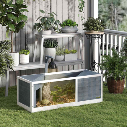 Houten schildpaddenhuis, schildpadverblijf met twee hoofdhuizen, scharnierend bovenblad, lichtstatief, transparant voorpaneel, 120 x 50 x 40 cm, grijs