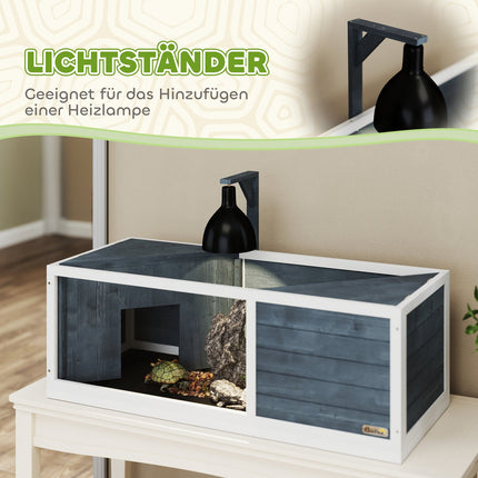 Houten schildpaddenhuis, schildpadverblijf met twee hoofdhuizen, scharnierend bovenblad, lichtstatief, transparant voorpaneel, 120 x 50 x 40 cm, grijs