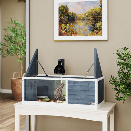 Houten schildpaddenhuis, schildpadverblijf met twee hoofdhuizen, scharnierend bovenblad, lichtstatief, transparant voorpaneel, 120 x 50 x 40 cm, grijs