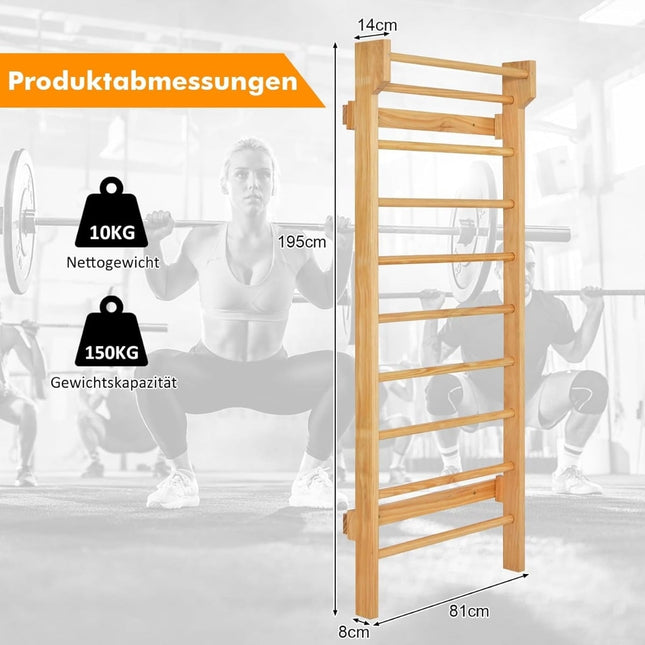Holzsprossenwand mit Klimmzugstange, 10 Sprossen, 100kg Traglast