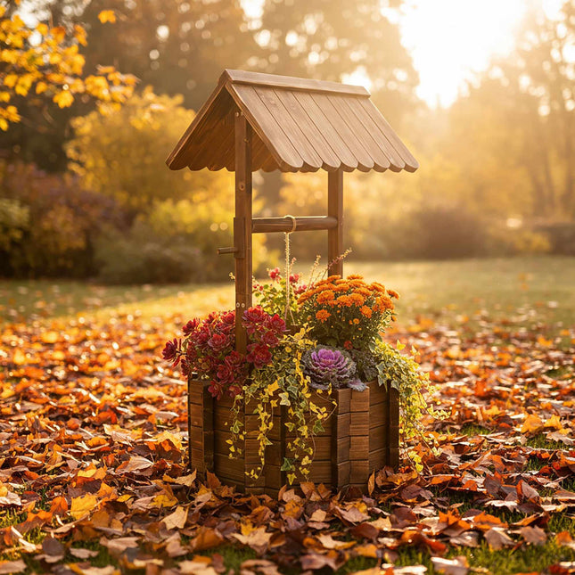Wooden Wishing Well Planter with Crank and Bucket