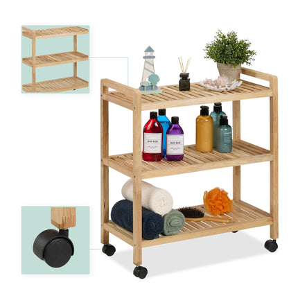 Wooden bathroom shelf with wheels