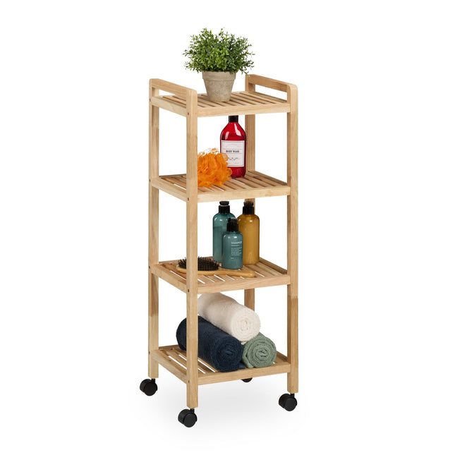 Wooden bathroom shelf with wheels