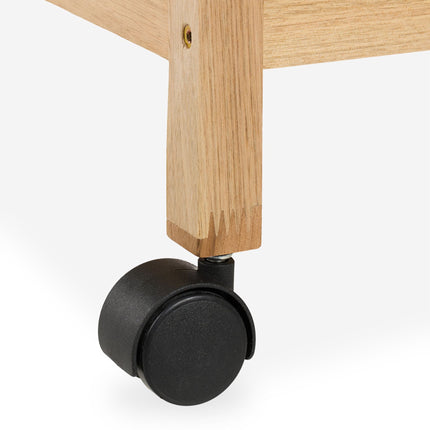 Wooden bathroom shelf with wheels