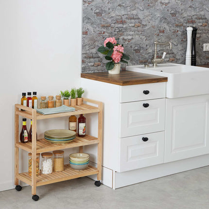 Wooden bathroom shelf with wheels