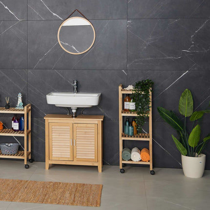 Étagère de salle de bain en bois avec roulettes