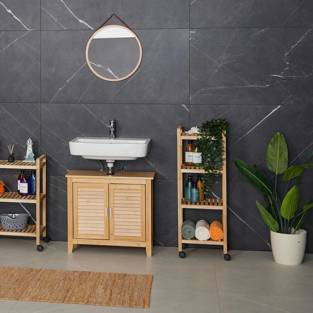 Wooden bathroom shelf with wheels