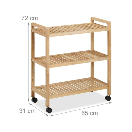 Wooden bathroom shelf with wheels